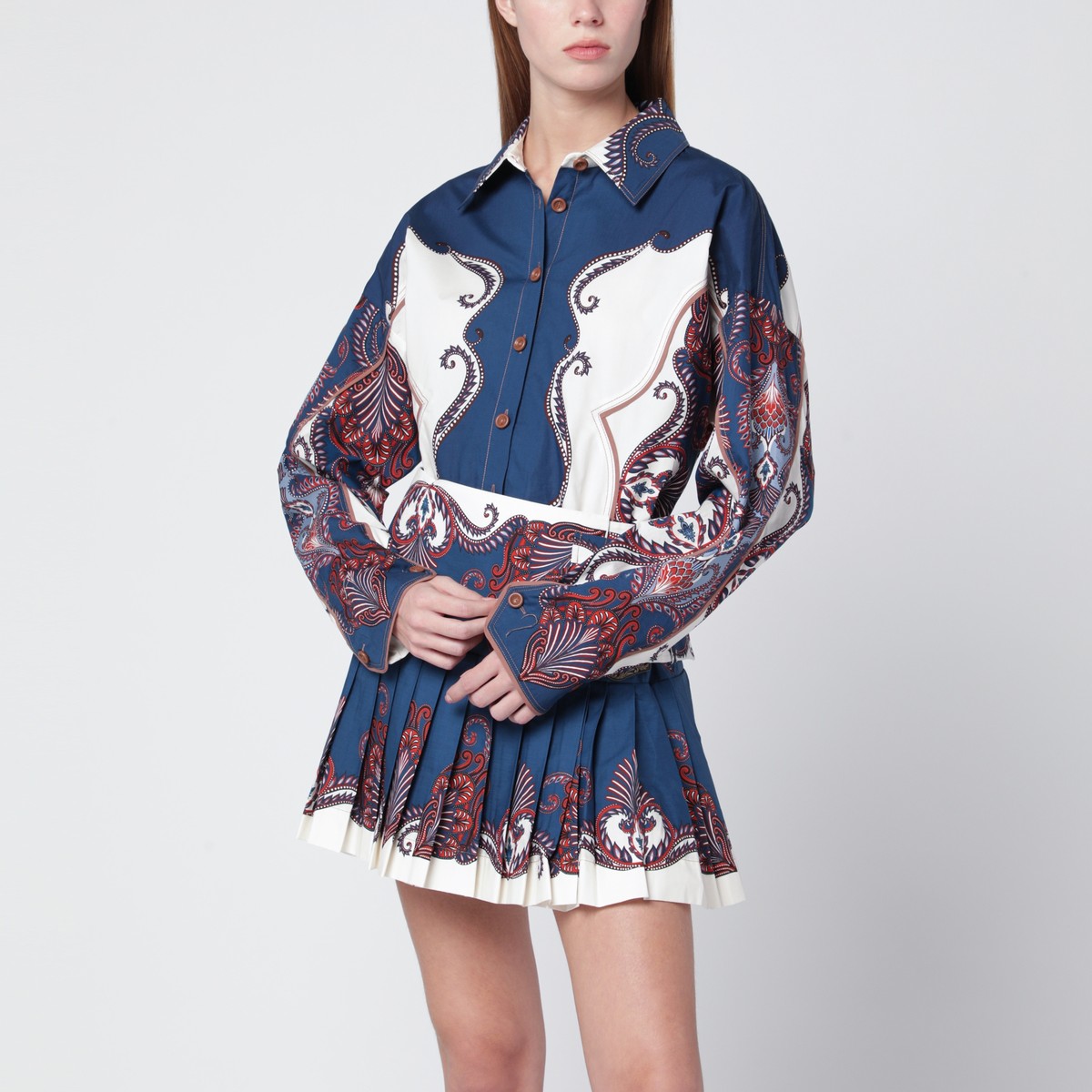 FARM Rio Deep blue and sand shirt with arabesque print