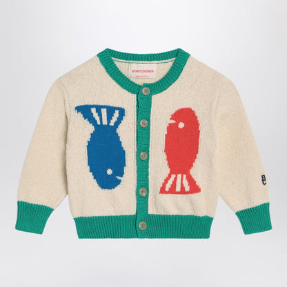 Bobo Choses Lucky Fish ivory/green cardigan