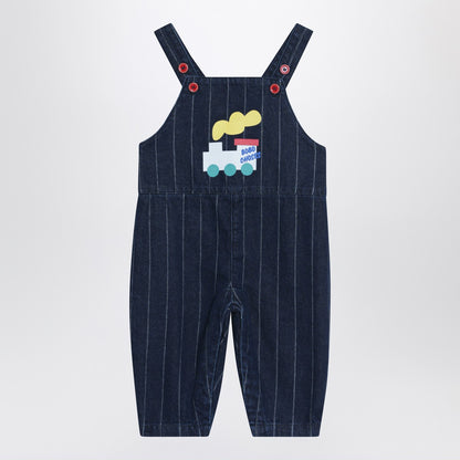Bobo Choses Navy blue denim overalls with train