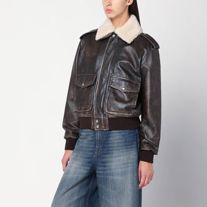 HALFBOY Brown leather bomber jacket with shearling collar