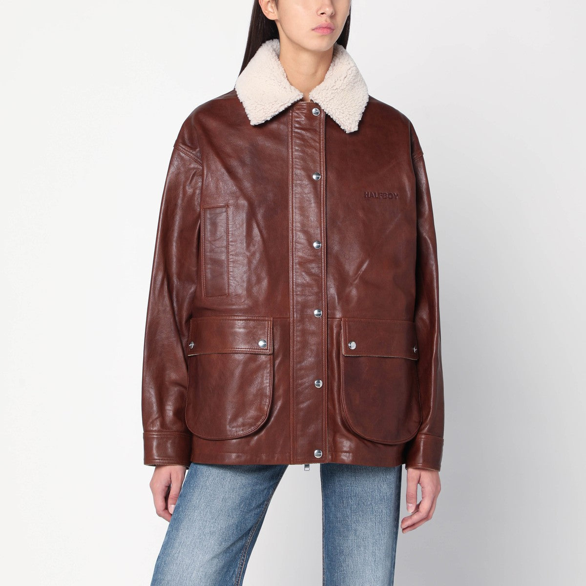 HALFBOY Brown leather jacket with shearling collar