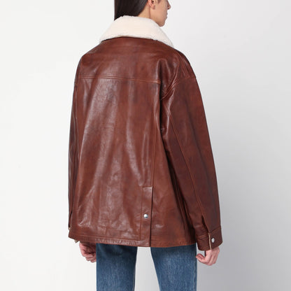 HALFBOY Brown leather jacket with shearling collar