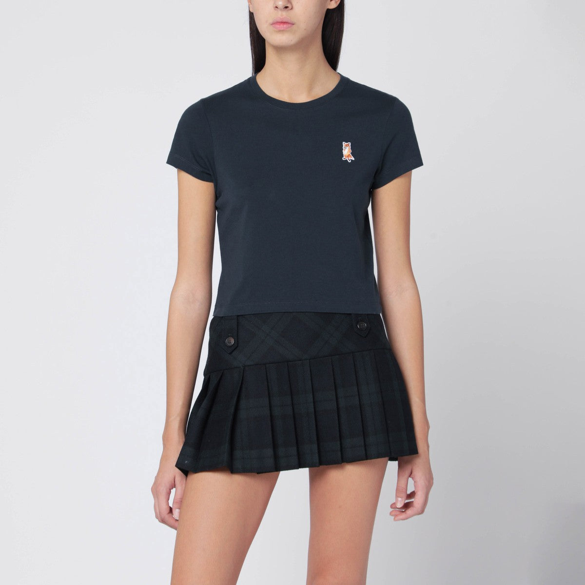 Maison Kitsuné Navy cropped T-shirt with logo patch