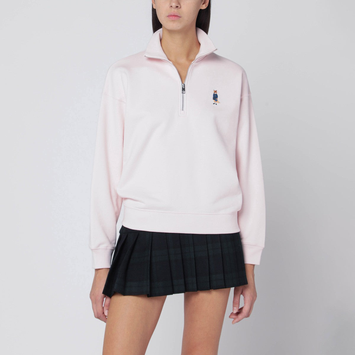 Maison Kitsuné Light pink half-zip sweatshirt with logo patch