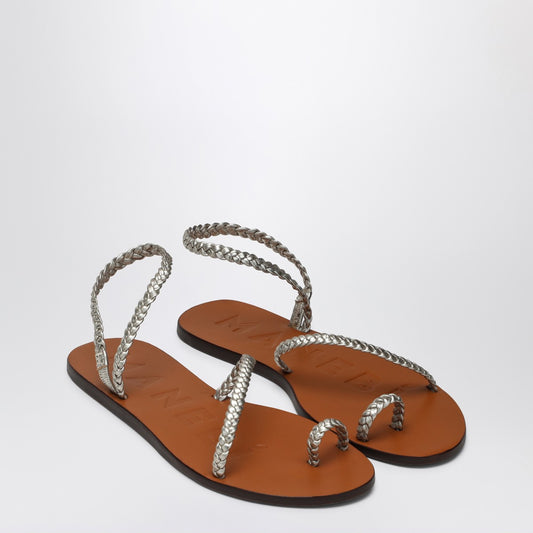 Manebí Platinum leather thong sandals with ring
