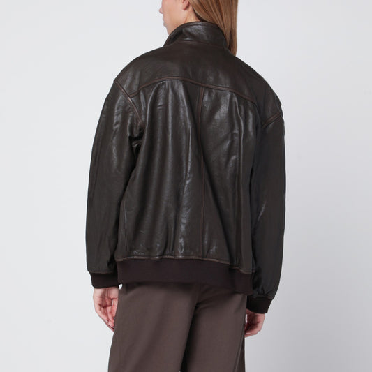 Dunst Dark brown leather zip-up bomber jacket